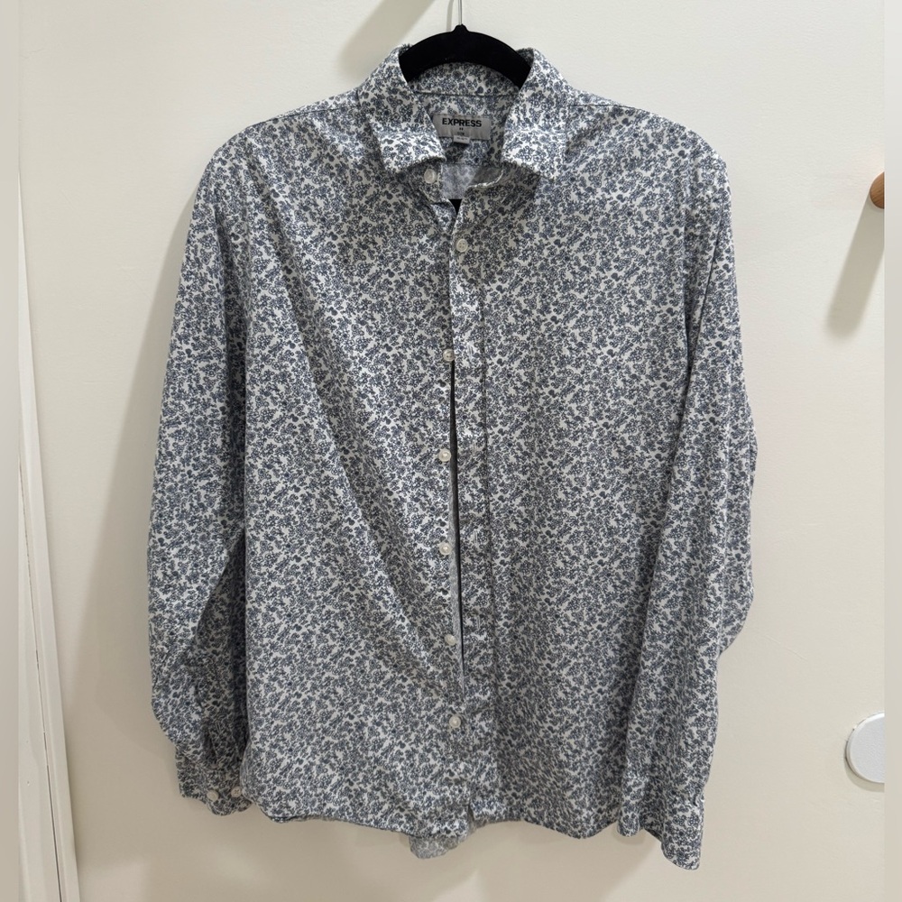 Express Blue Casual Button Down Shirt with Floral Print
